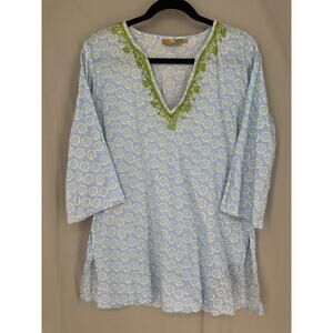 Rock Flower Paper Top Womens Small Blue Tunic Boho Beachy Embroidered Summer